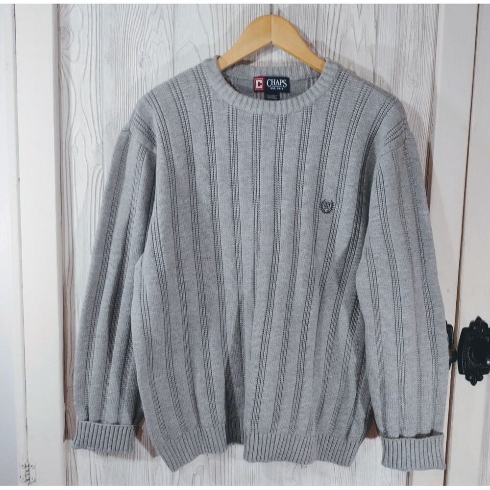 Vintage Chaps Sweater Gray Cable Knit Men M 100% Cotton Preppy